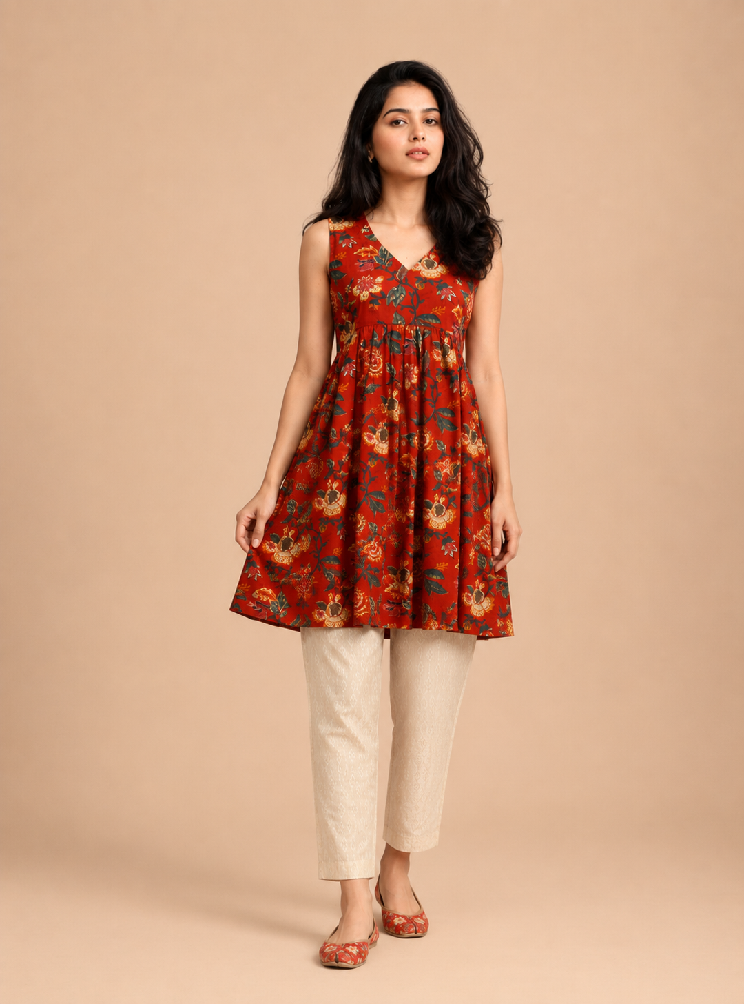 Ruby Artisan Red Hand Block Print Cotton Top