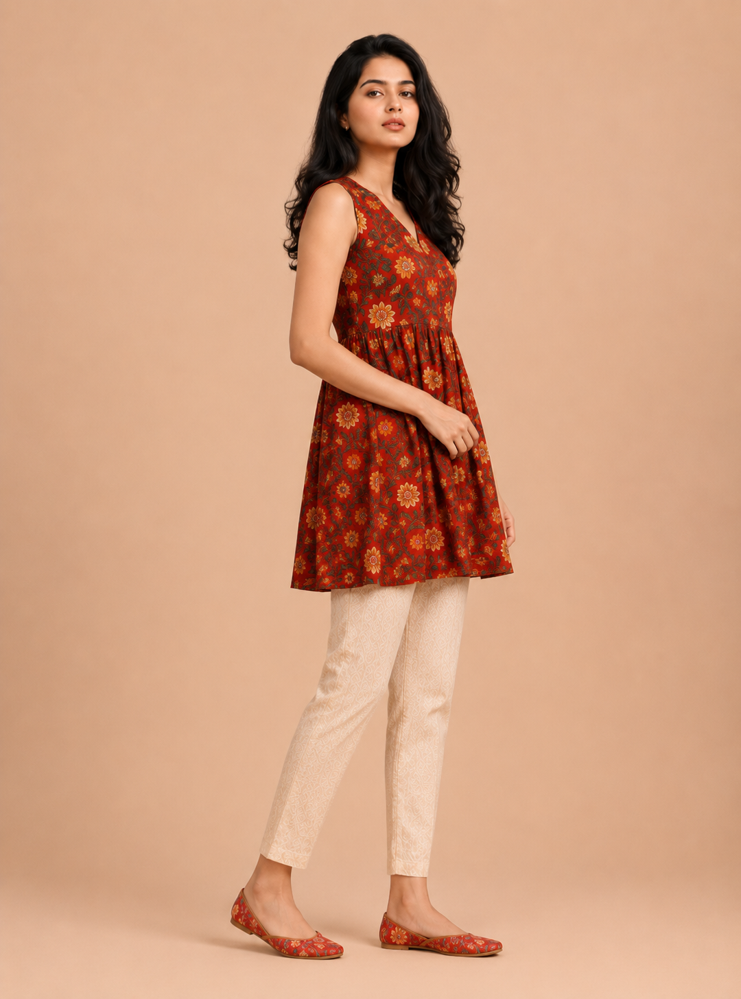 Ruby Artisan Red Hand Block Print Cotton Top