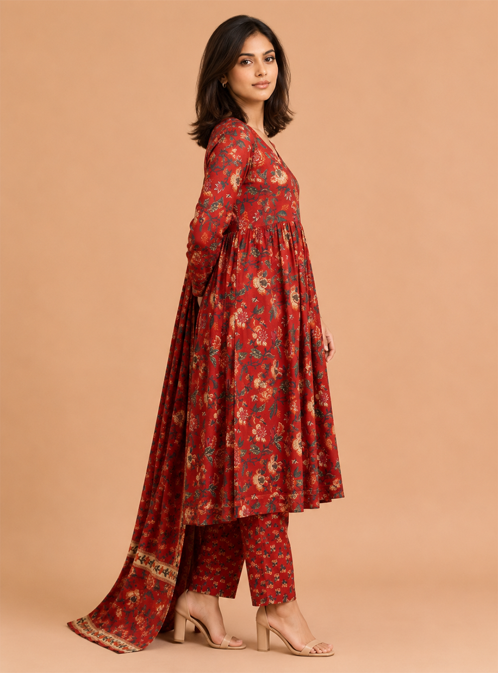 Rust Haven Printed Cotton Straight Suit Set with Dupatta