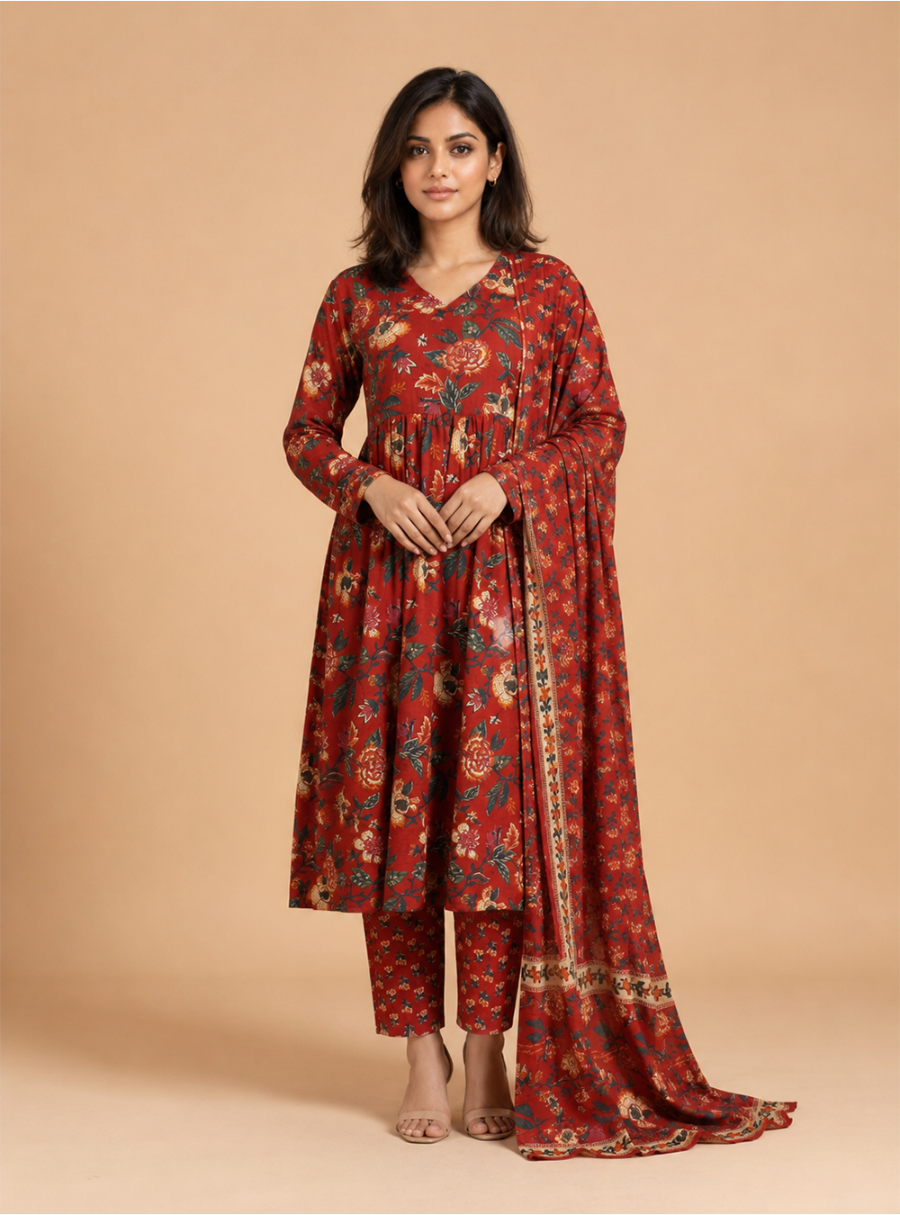 Rust Haven Printed Cotton Straight Suit Set with Dupatta