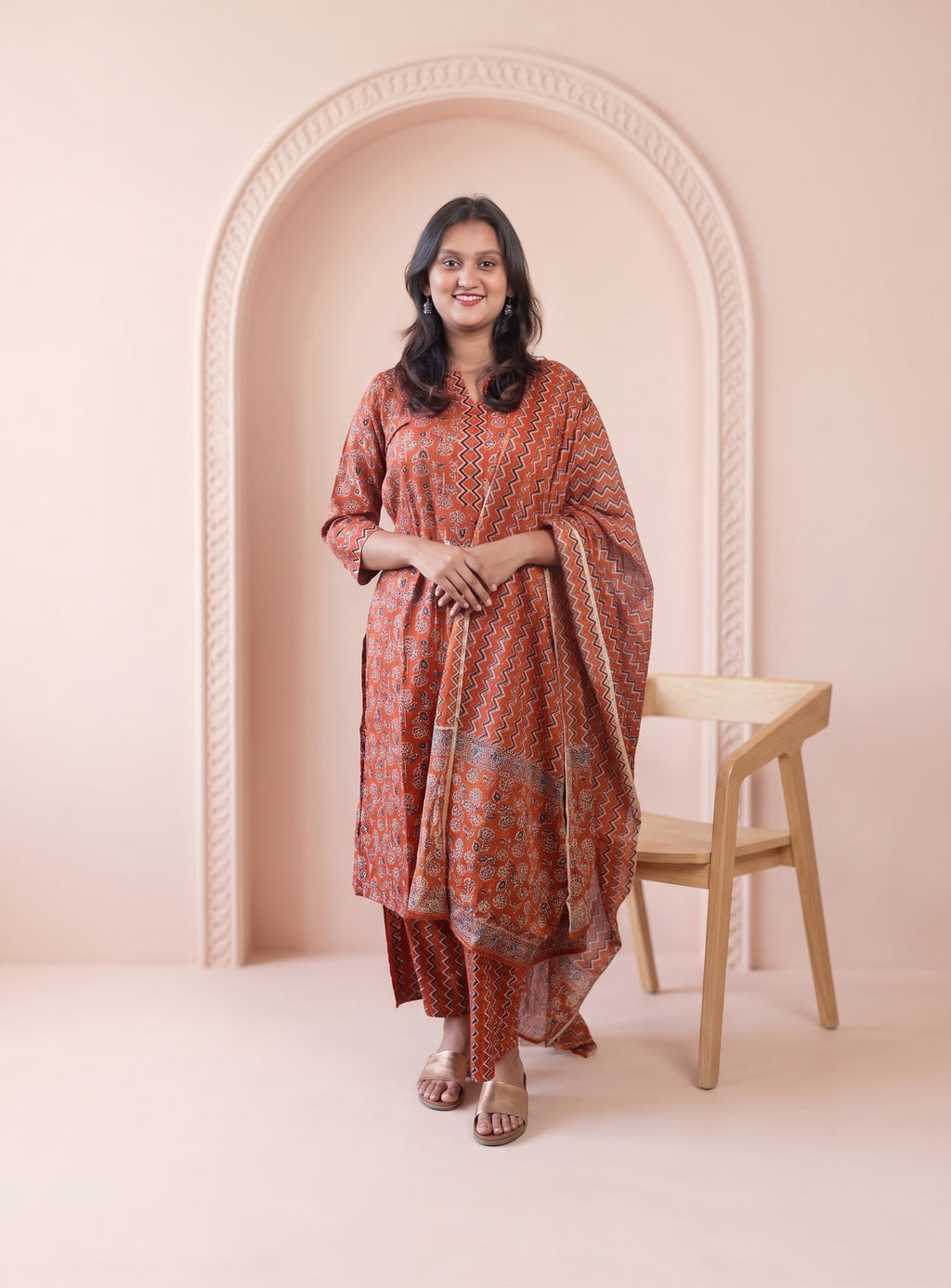 Rust cotton printed straight suit set with dupatta
