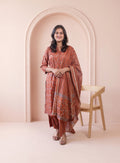Rust cotton printed straight suit set with dupatta