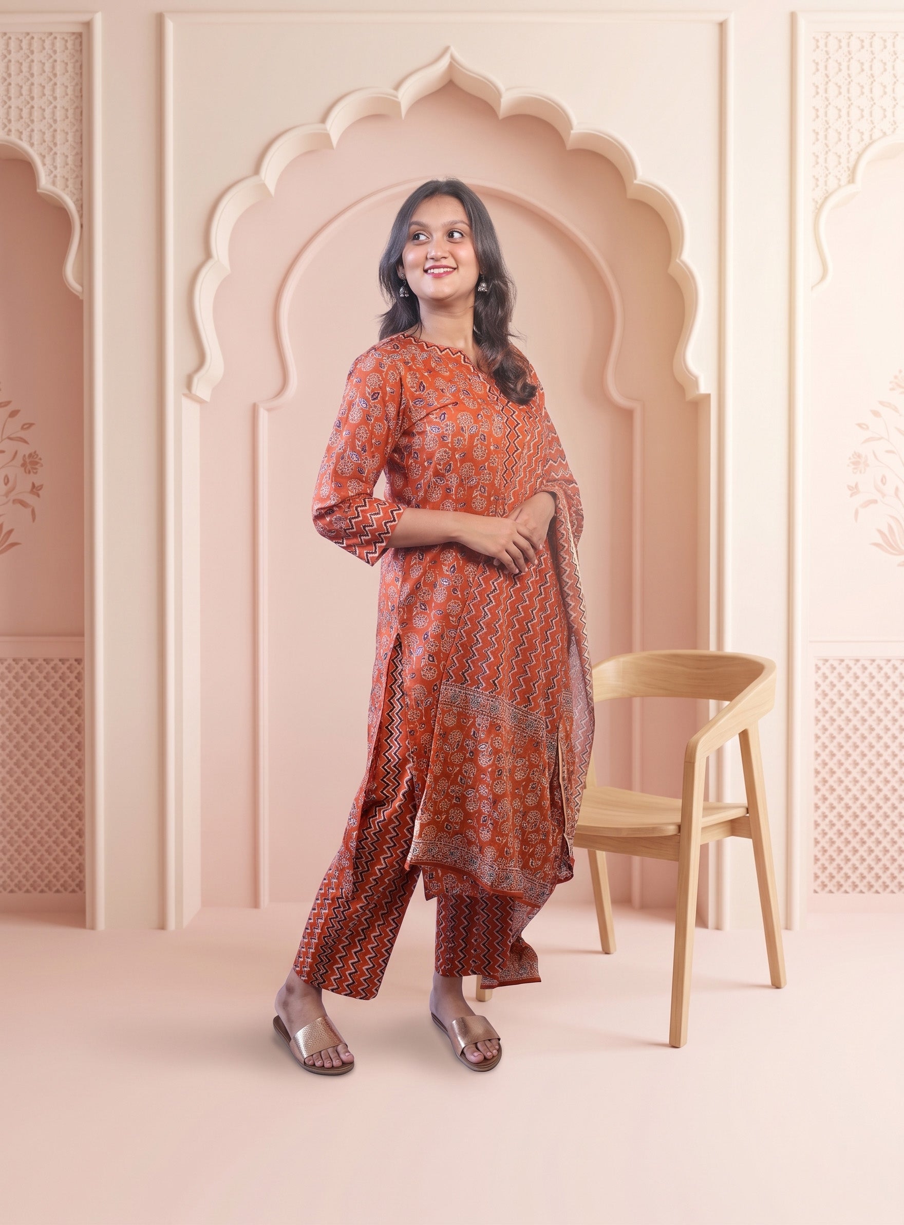 Rust cotton printed straight suit set with dupatta