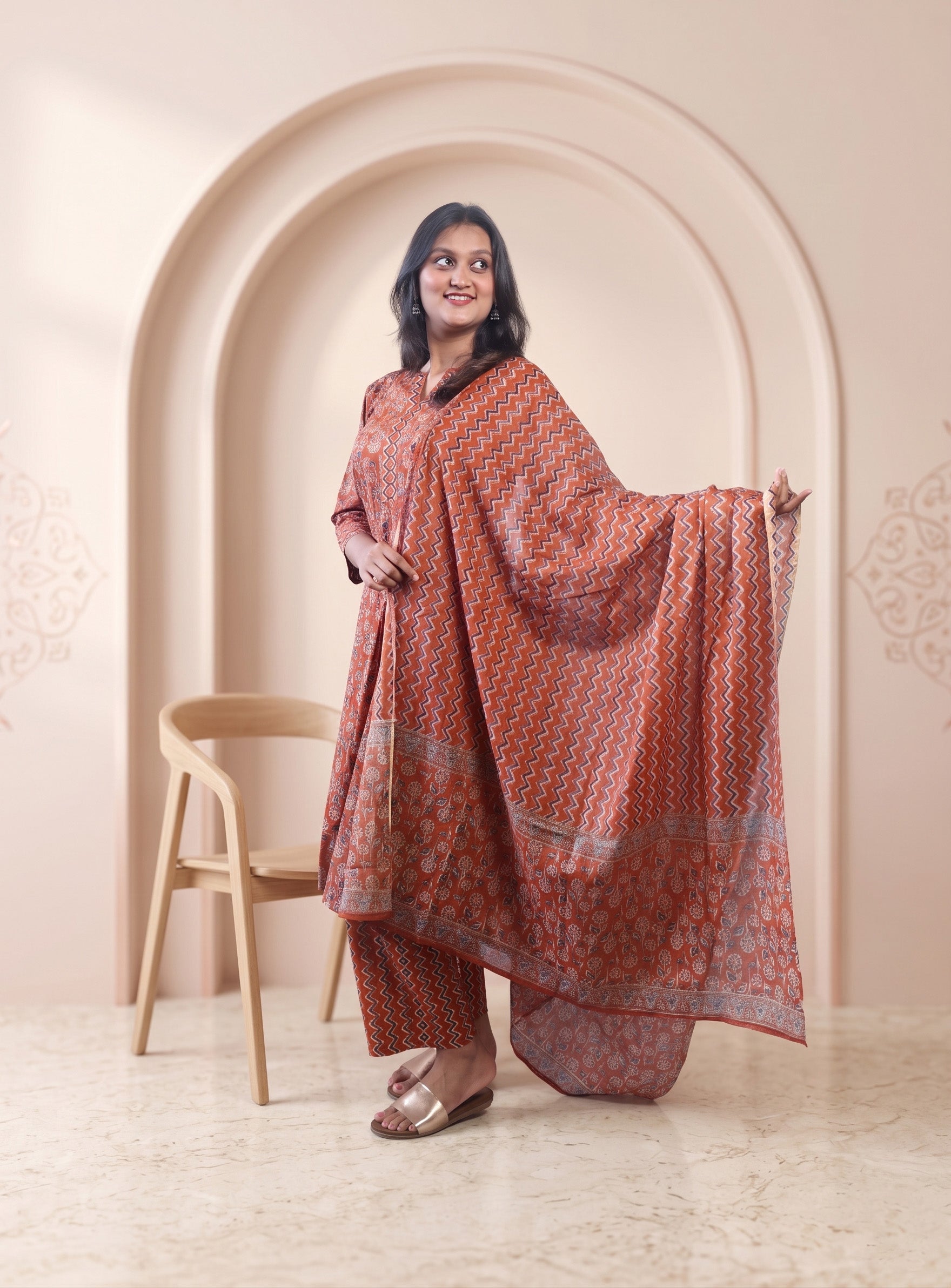 Rust cotton printed straight suit set with dupatta