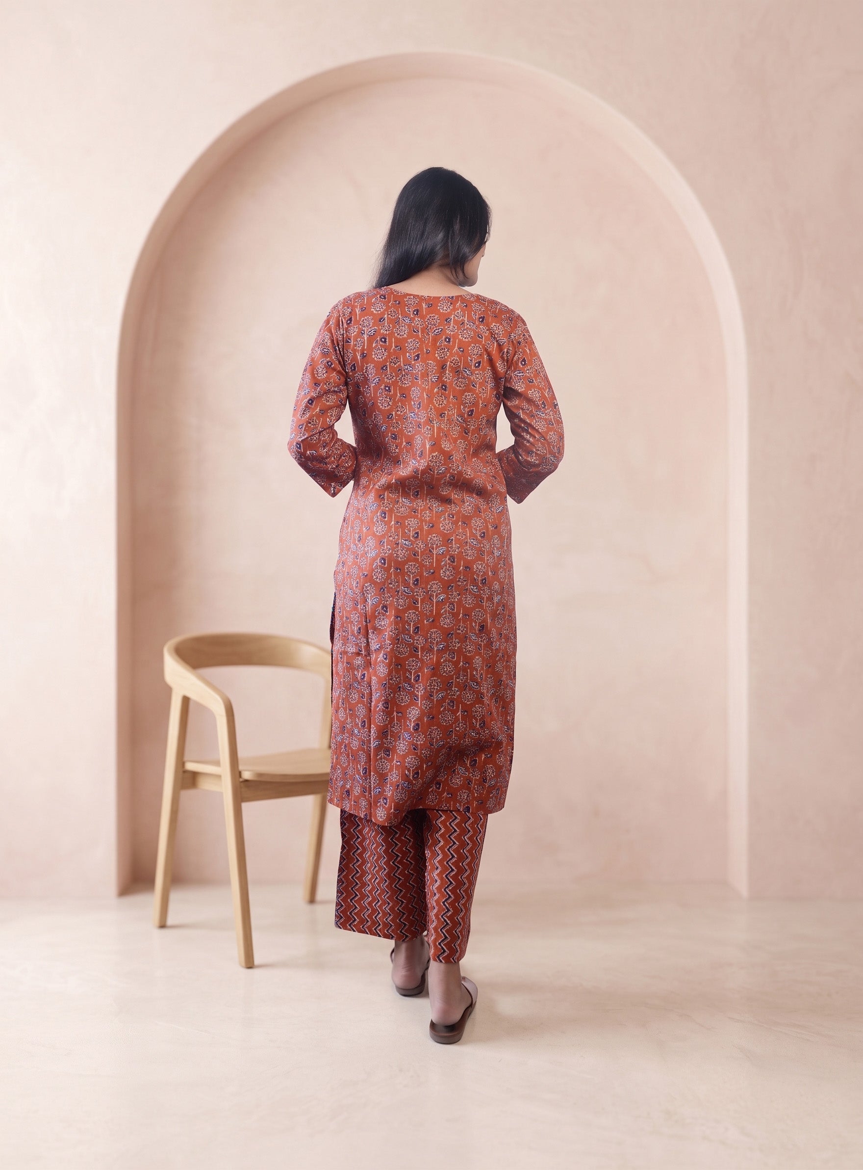 Rust cotton printed straight suit set with dupatta
