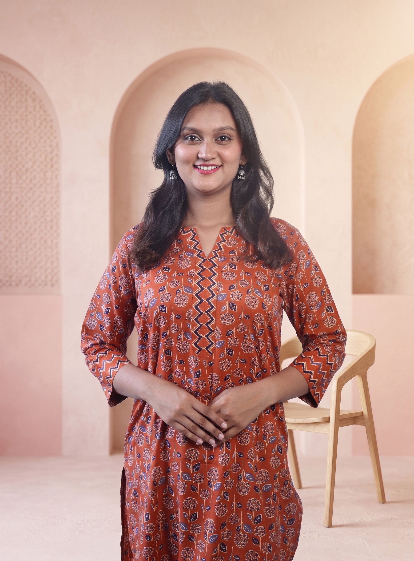 Rust cotton printed straight suit set with dupatta