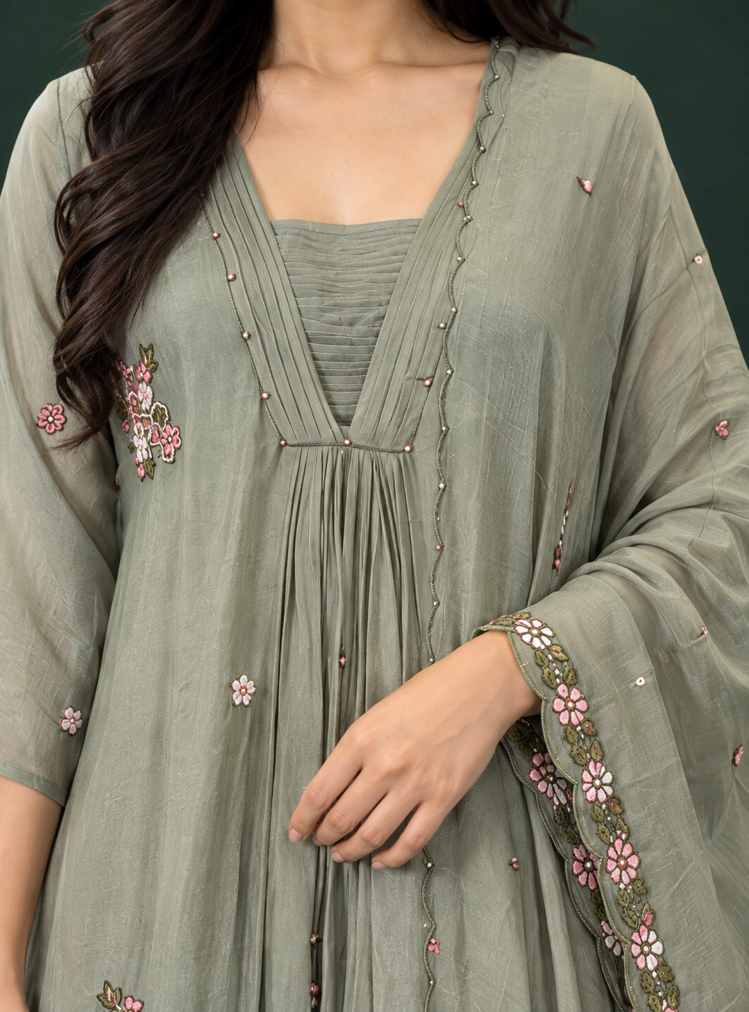 Mist Pearl Pista Grey Chinon A Line Handwork Suit Set with Pure Chinon Dupatta