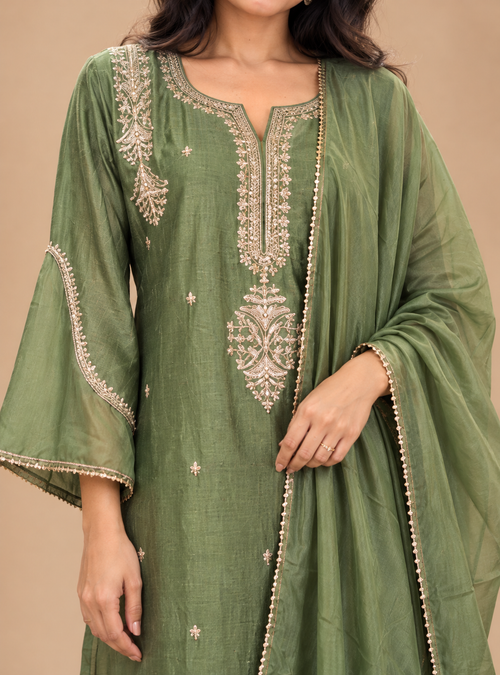 Celadon Radiance Pastel Green Raw Silk Zari Work A Line Suit Set