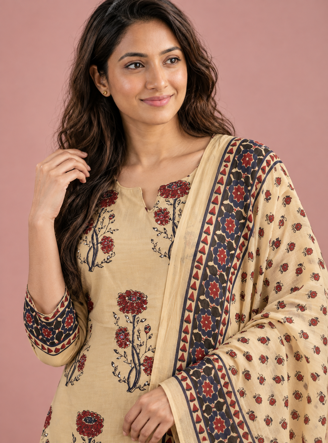 Sandstone Mirror Beige Hand Block Cotton Kaddana Work Suit Set