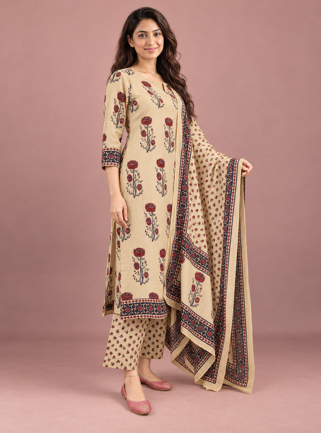 Sandstone Mirror Beige Hand Block Cotton Kaddana Work Suit Set