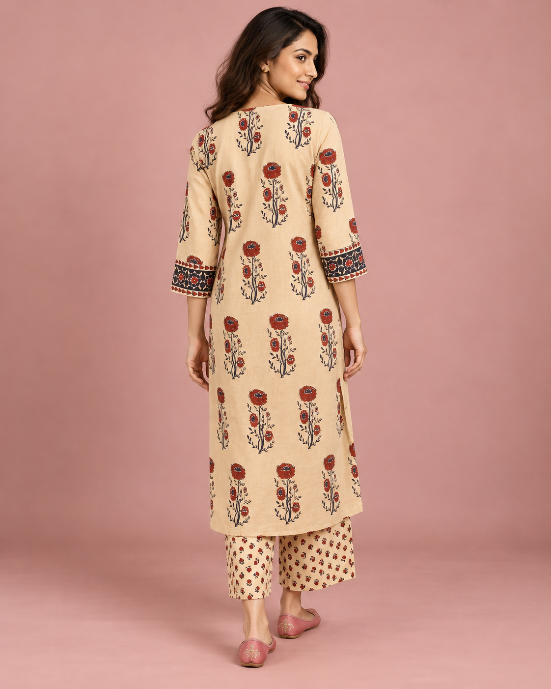 Sandstone Mirror Beige Hand Block Cotton Kaddana Work Suit Set