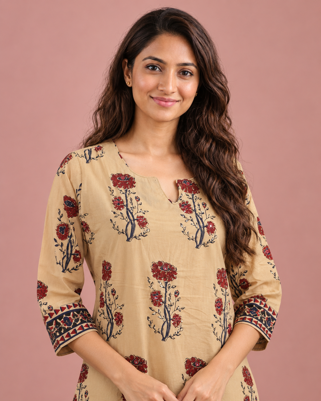 Sandstone Mirror Beige Hand Block Cotton Kaddana Work Suit Set