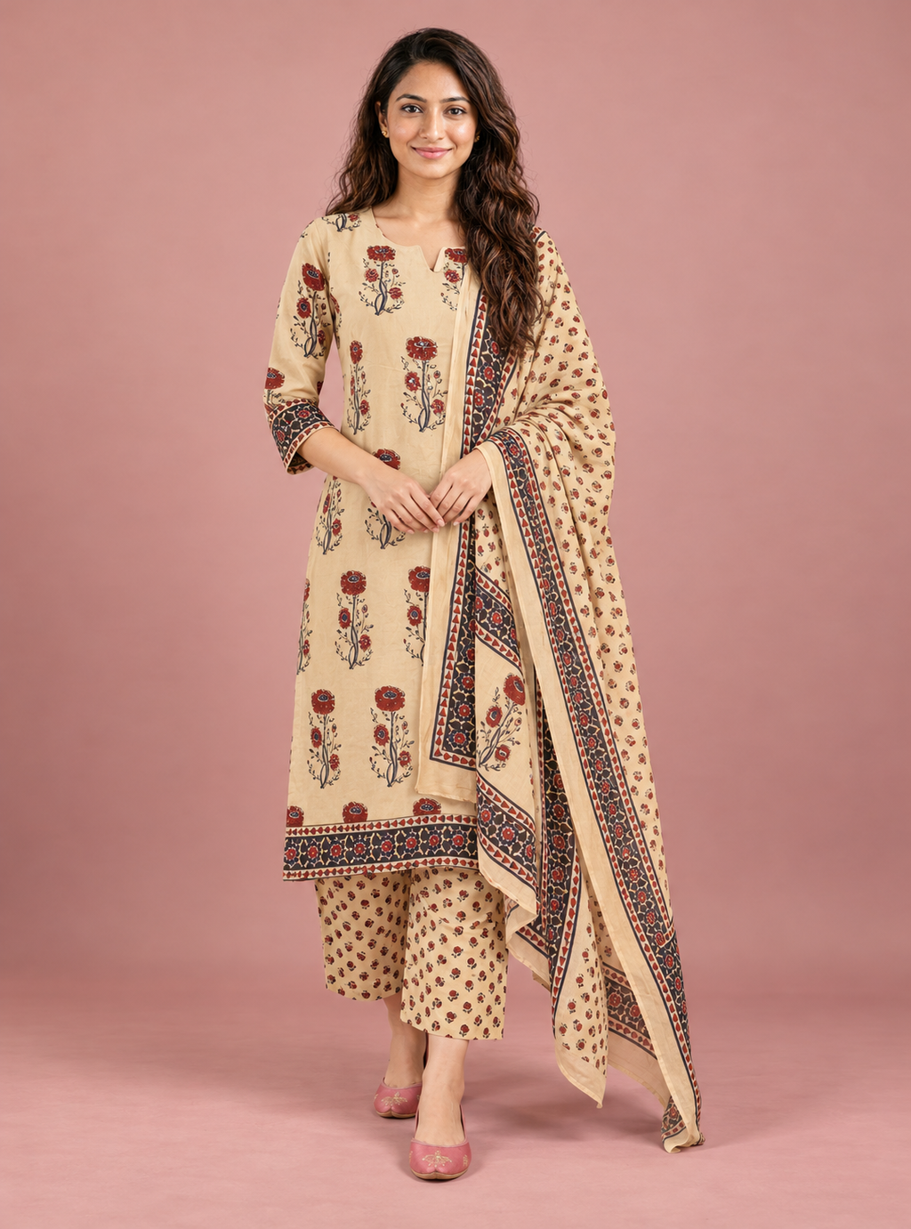 Sandstone Mirror Beige Hand Block Cotton Kaddana Work Suit Set