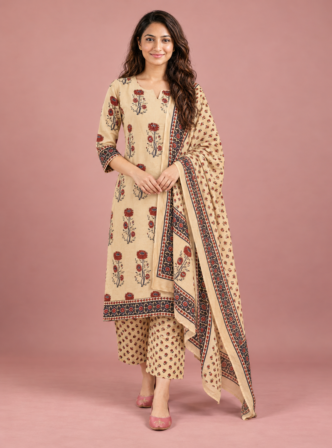 Sandstone Mirror Beige Hand Block Cotton Kaddana Work Suit Set