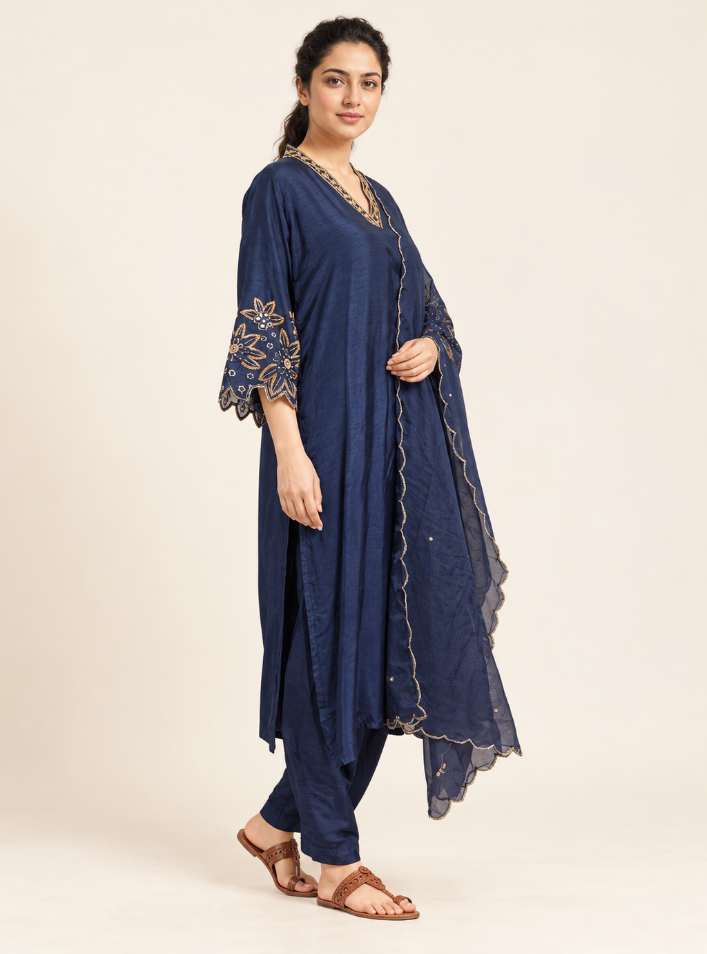 Sapphire Heirloom Royal Blue Raw Silk Handwork Suit Set with Organza Dupatta