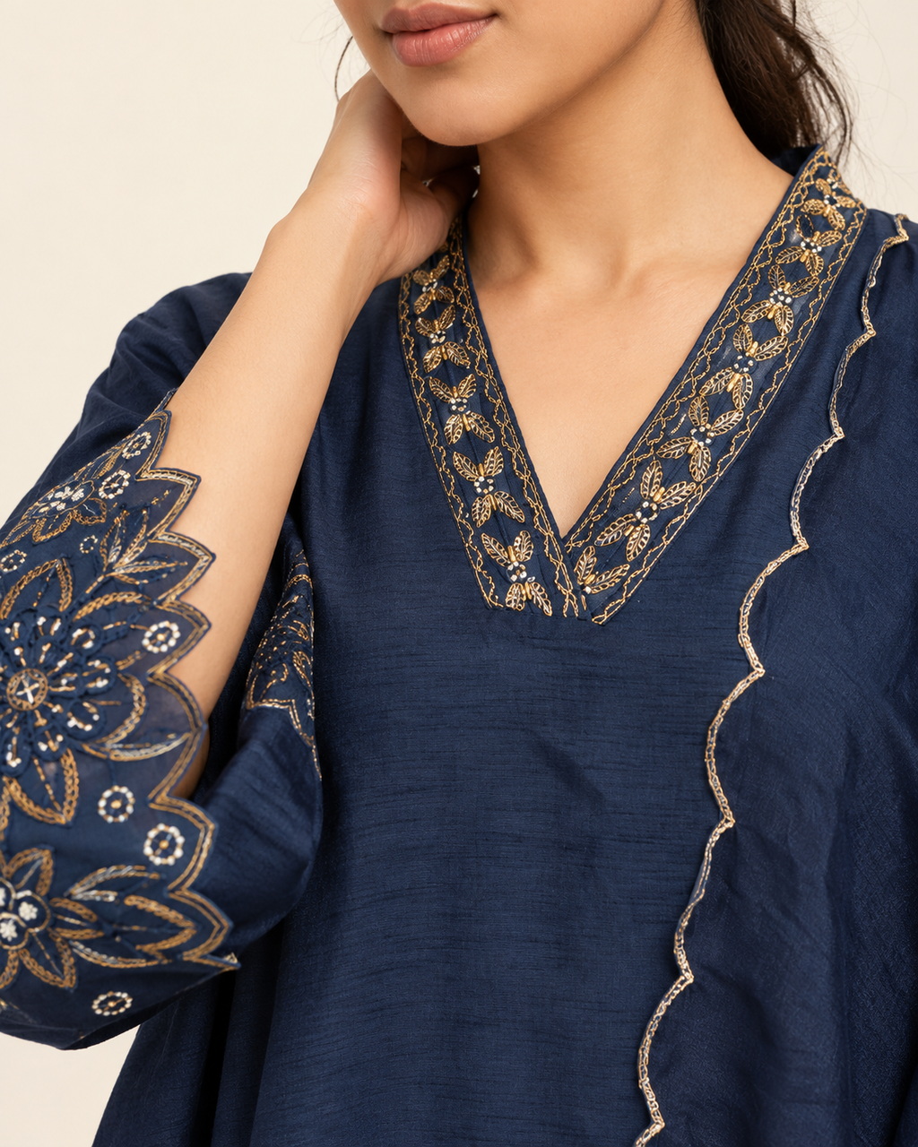 Sapphire Heirloom Royal Blue Raw Silk Handwork Suit Set with Organza Dupatta