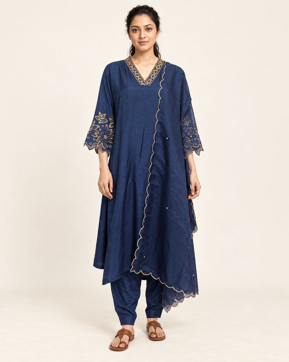Sapphire Heirloom Royal Blue Raw Silk Handwork Suit Set with Organza Dupatta