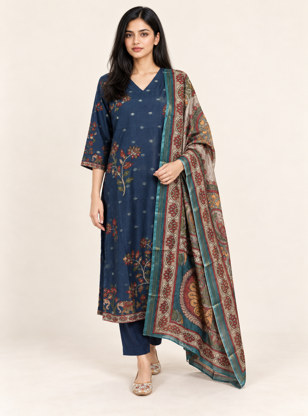 Sapphire Loom Blue Kota Doriya Chanderi Handworked Straight Suit Set