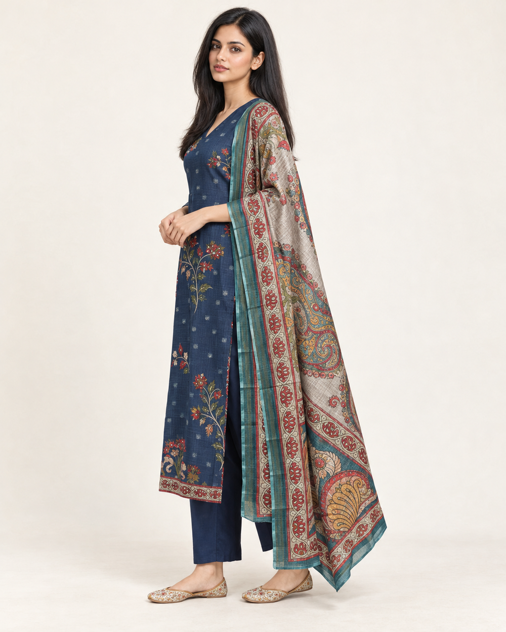 Sapphire Loom Blue Kota Doriya Chanderi Handworked Straight Suit Set