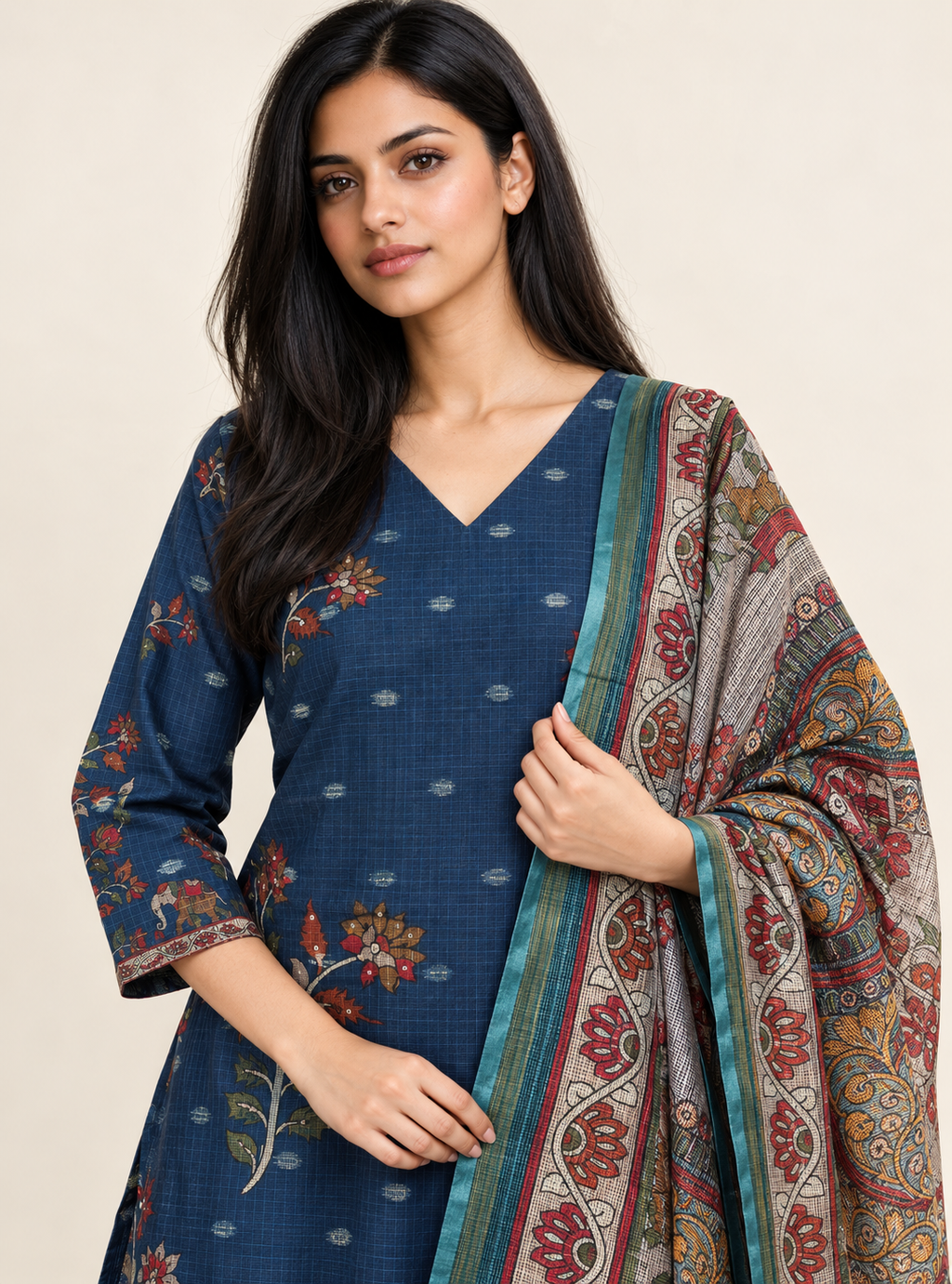 Sapphire Loom Blue Kota Doriya Chanderi Handworked Straight Suit Set
