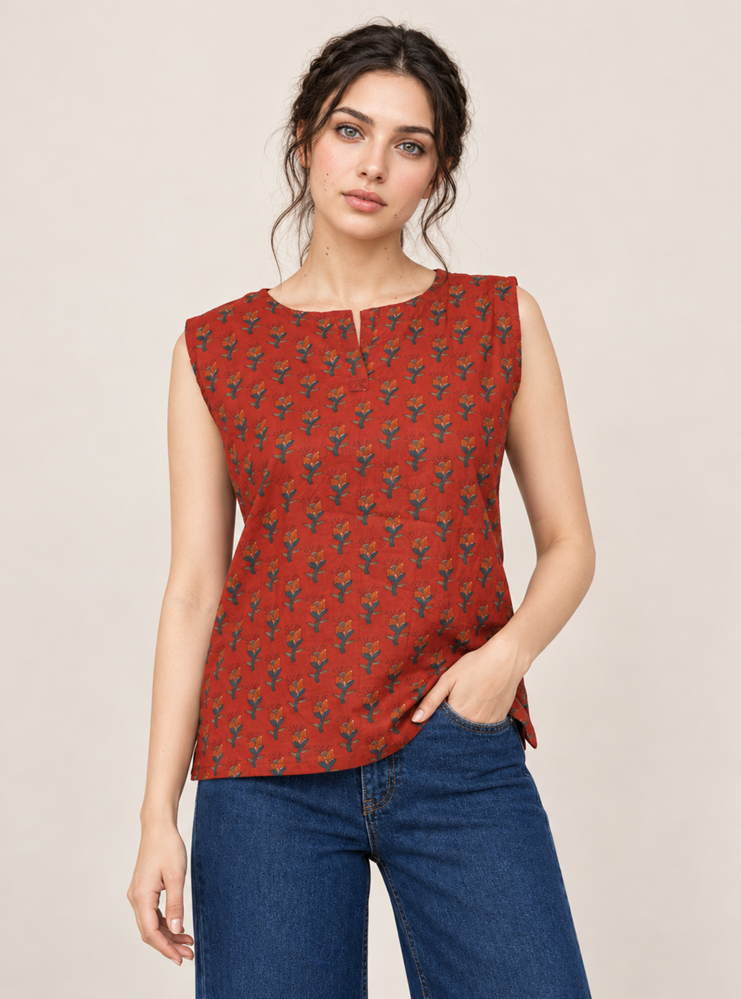 Scarlet Folk Red Pure Cotton Block Print Sleeveless Short Kurta
