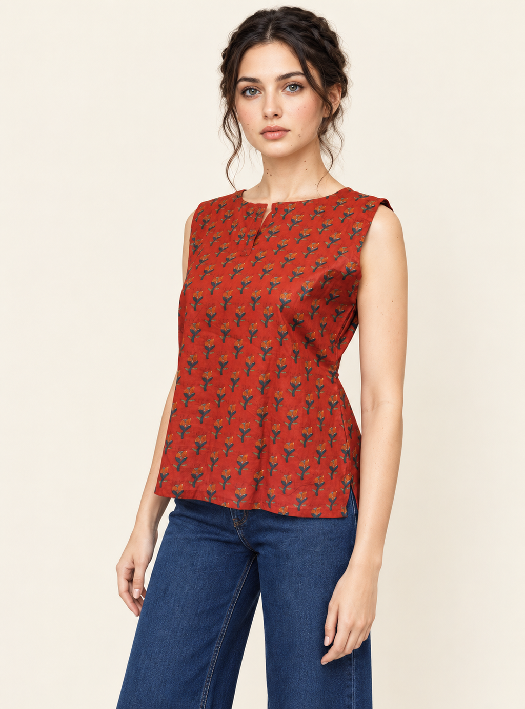 Scarlet Folk Red Pure Cotton Block Print Sleeveless Short Kurta