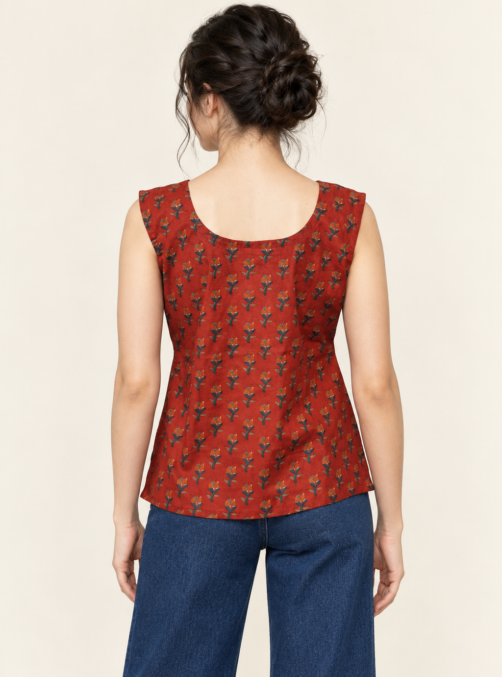 Scarlet Folk Red Pure Cotton Block Print Sleeveless Short Kurta