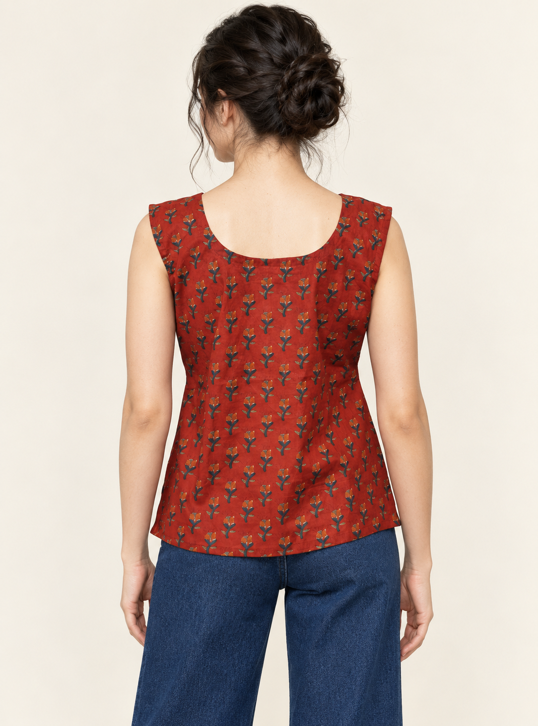 Scarlet Folk Red Pure Cotton Block Print Sleeveless Short Kurta