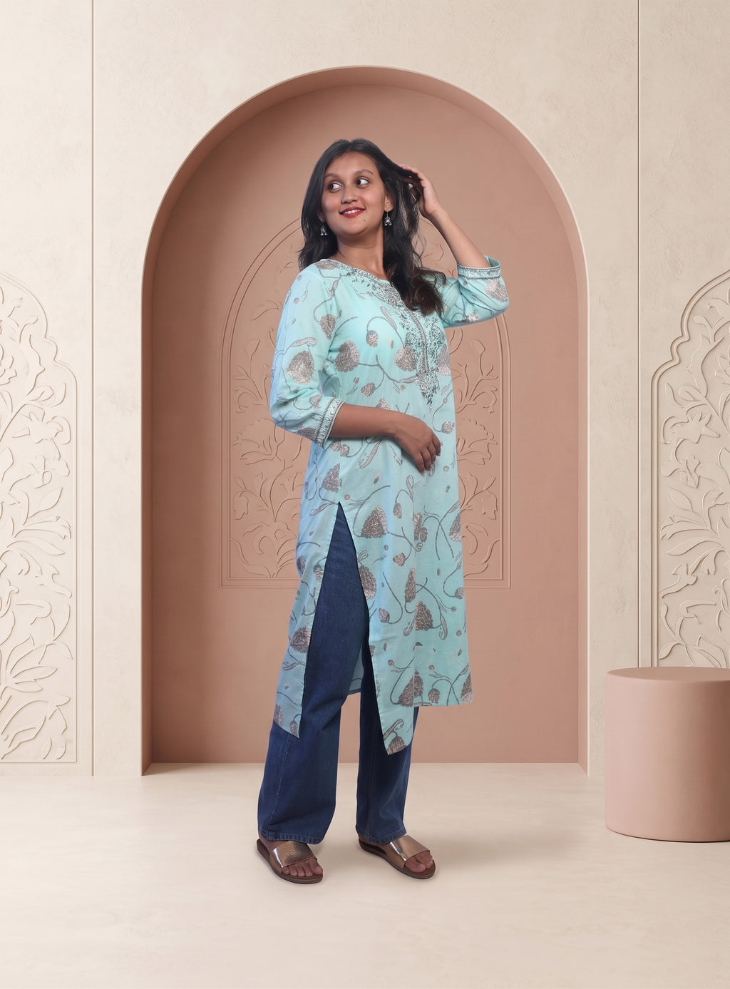 Sea Green cotton printed straight kurta
