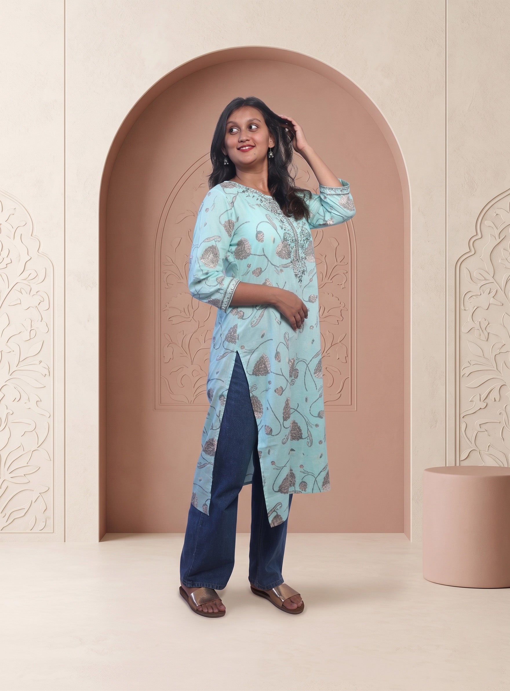 Sea Green cotton printed straight kurta
