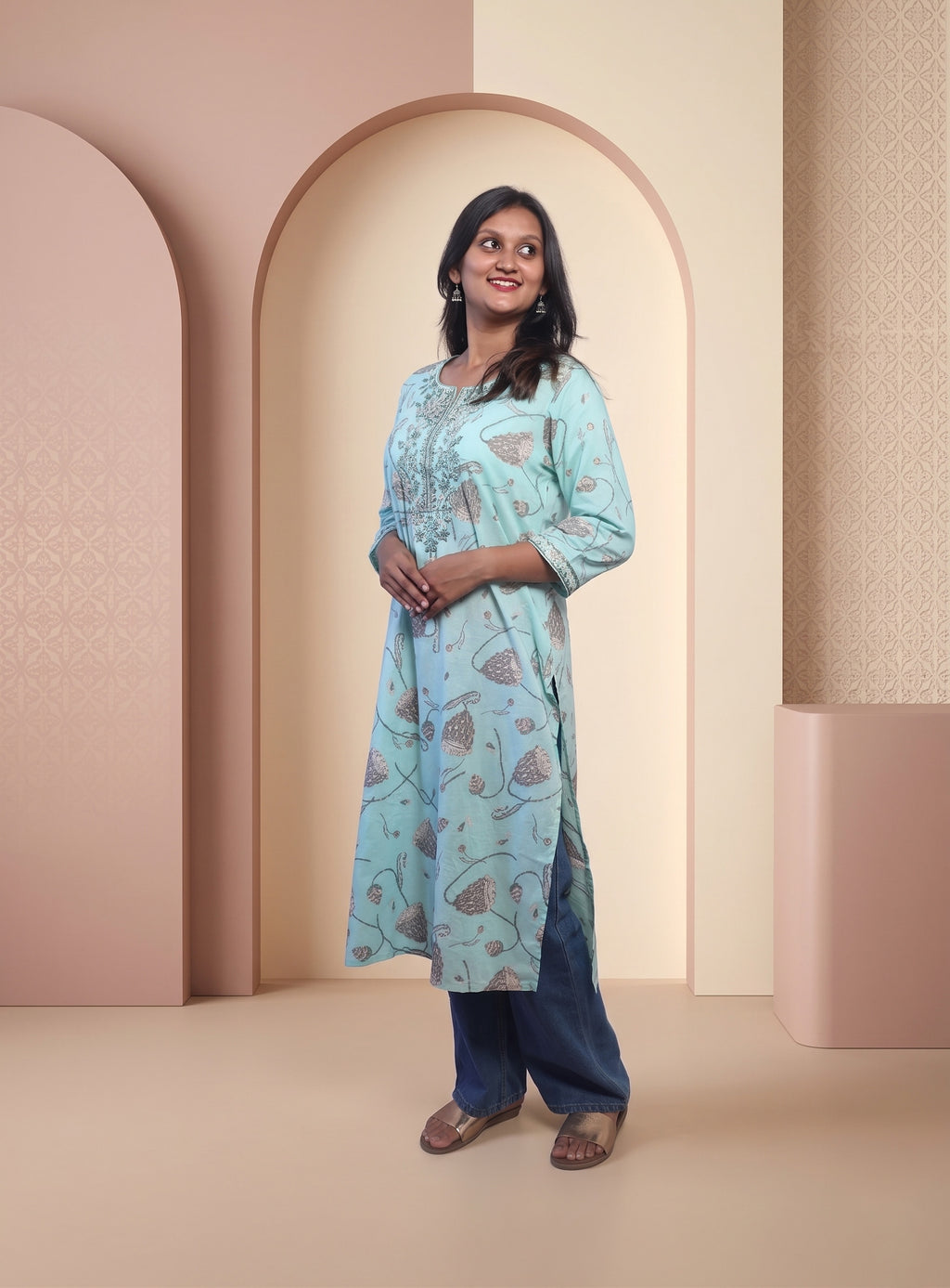 Sea Green cotton printed straight kurta