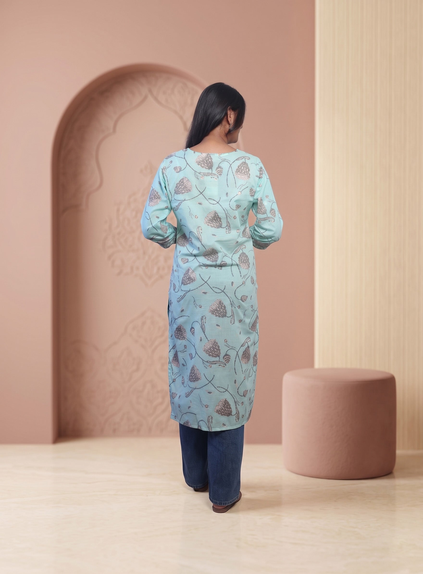 Sea Green cotton printed straight kurta