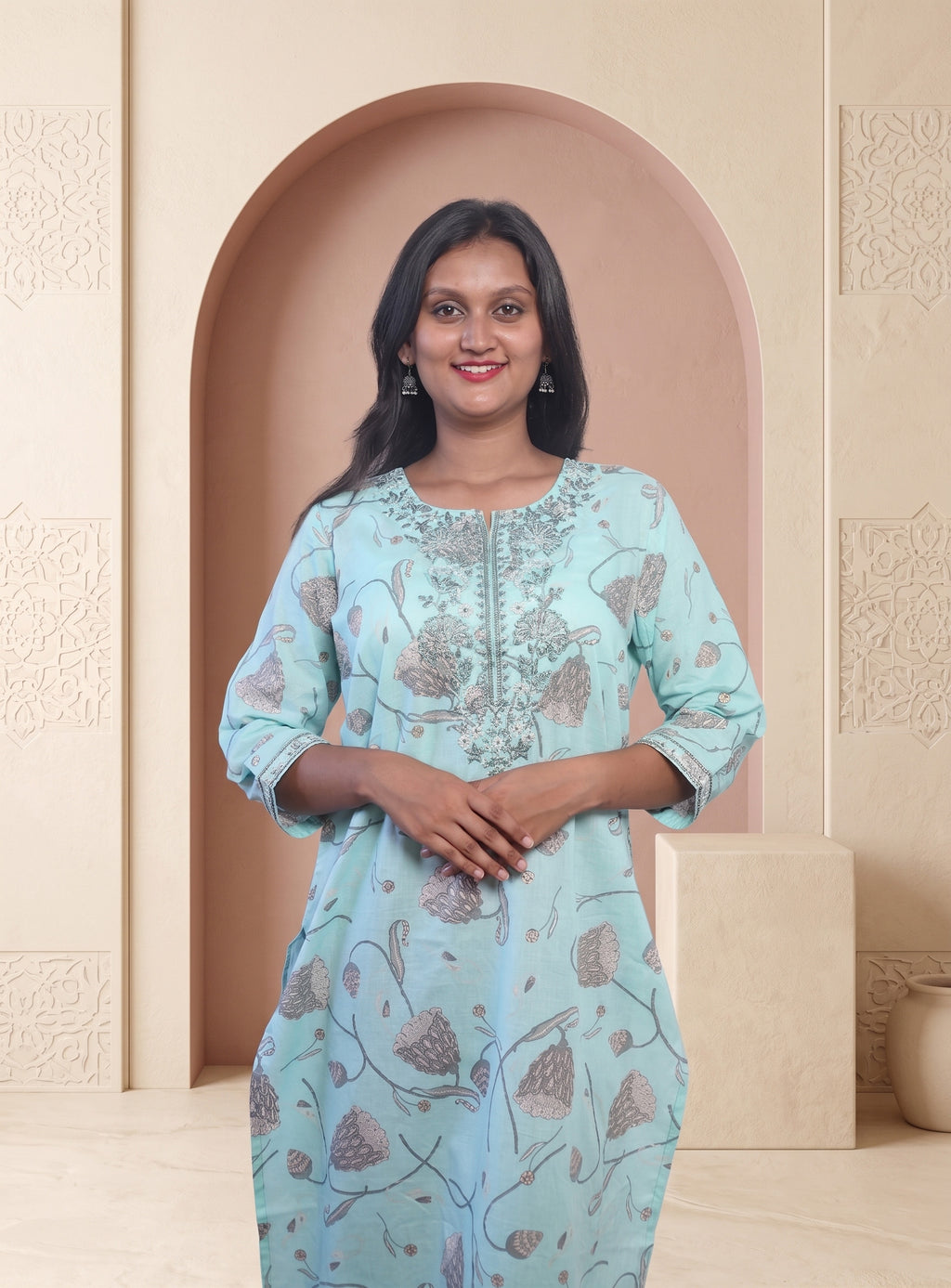 Sea Green cotton printed straight kurta