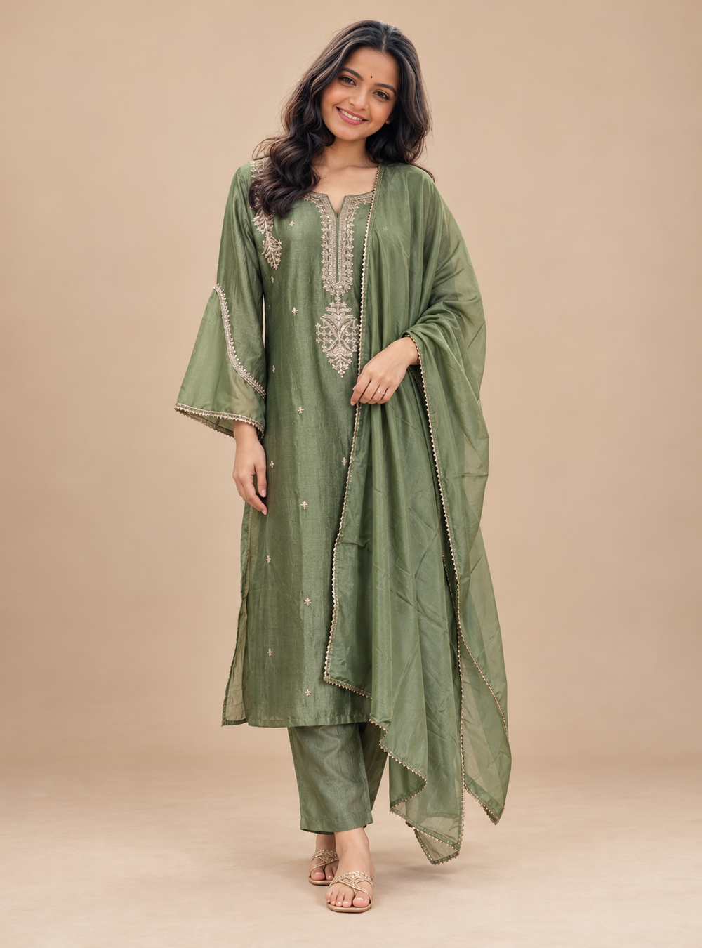 Celadon Radiance Pastel Green Raw Silk Zari Work A Line Suit Set