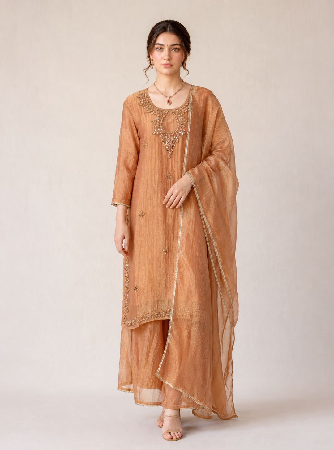 Rust Royale Soft Tissue Silk Handworked Kurta Suit Set
