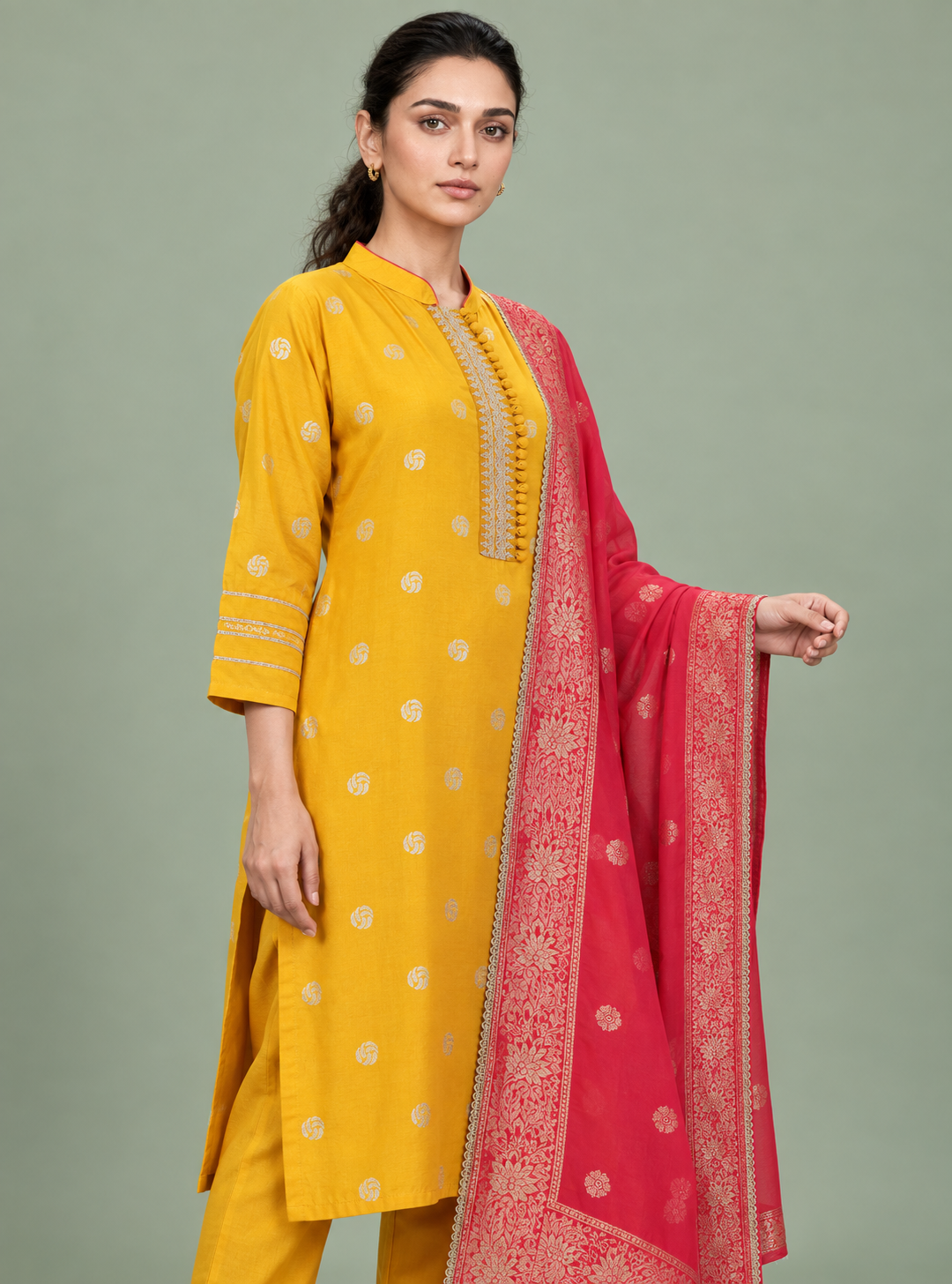 Sunflower Grace Yellow Dola Silk Straight Suit Set with Dupatta – Indieshades