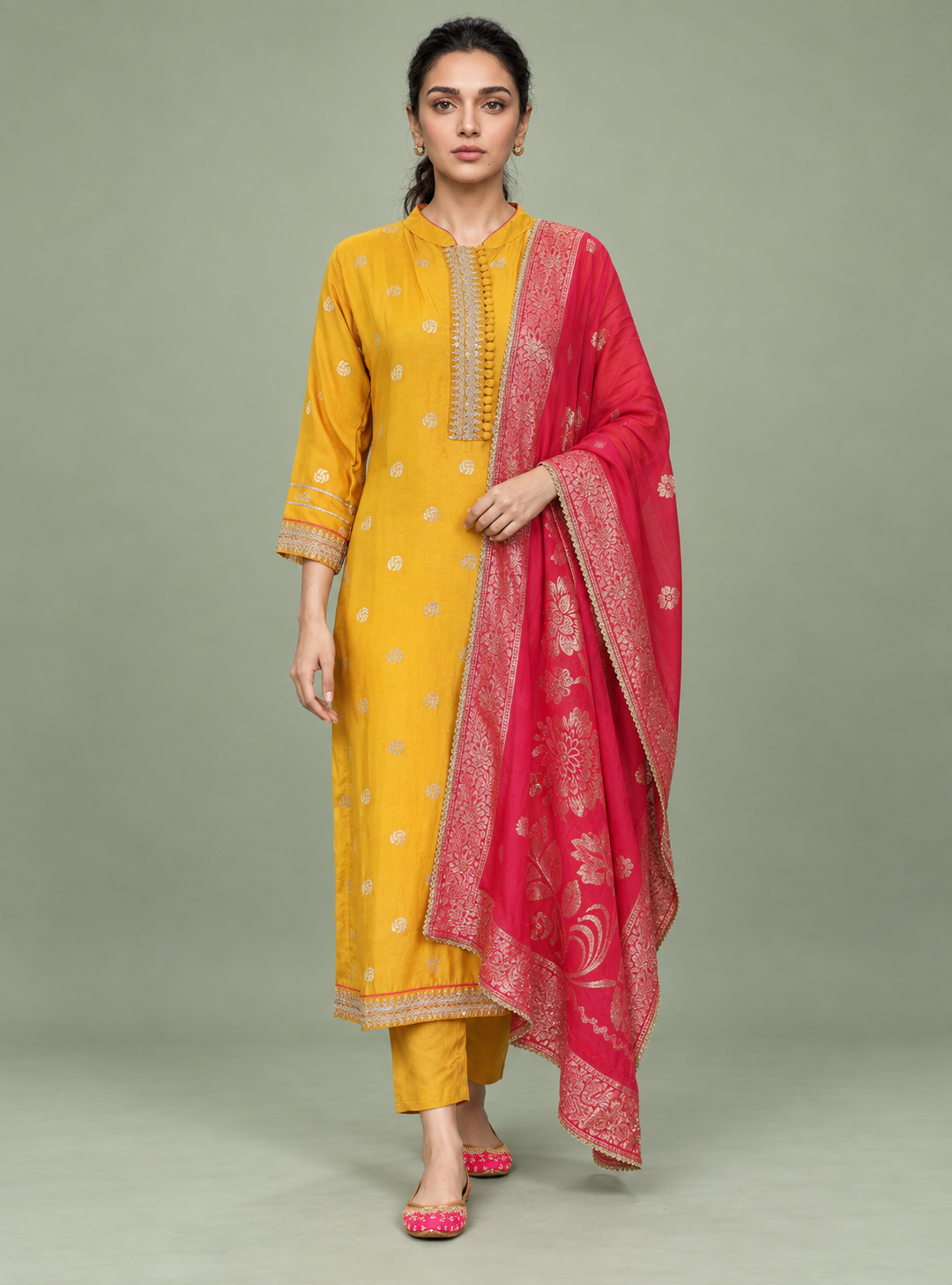 Sunflower Grace Yellow Dola Silk Straight Suit Set with Dupatta – Indieshades