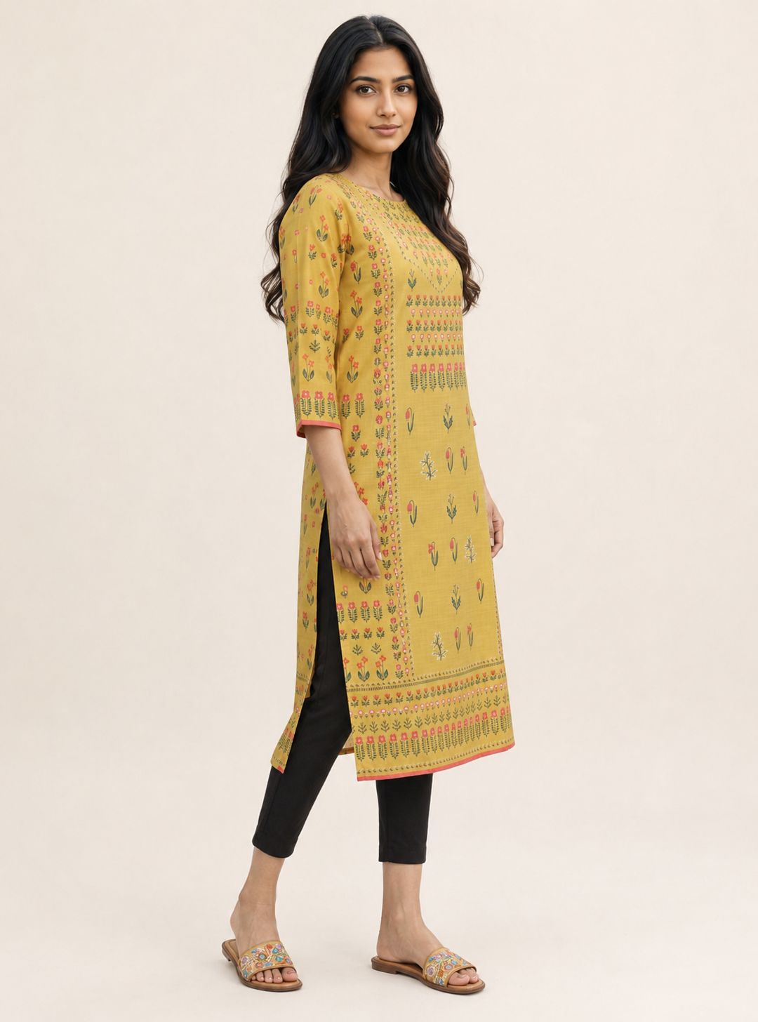 Sunlit Bloom Yellow Printed Cotton Straight Kurta