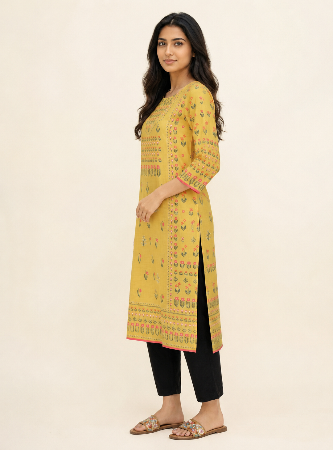 Sunlit Bloom Yellow Printed Cotton Straight Kurta – Indieshades