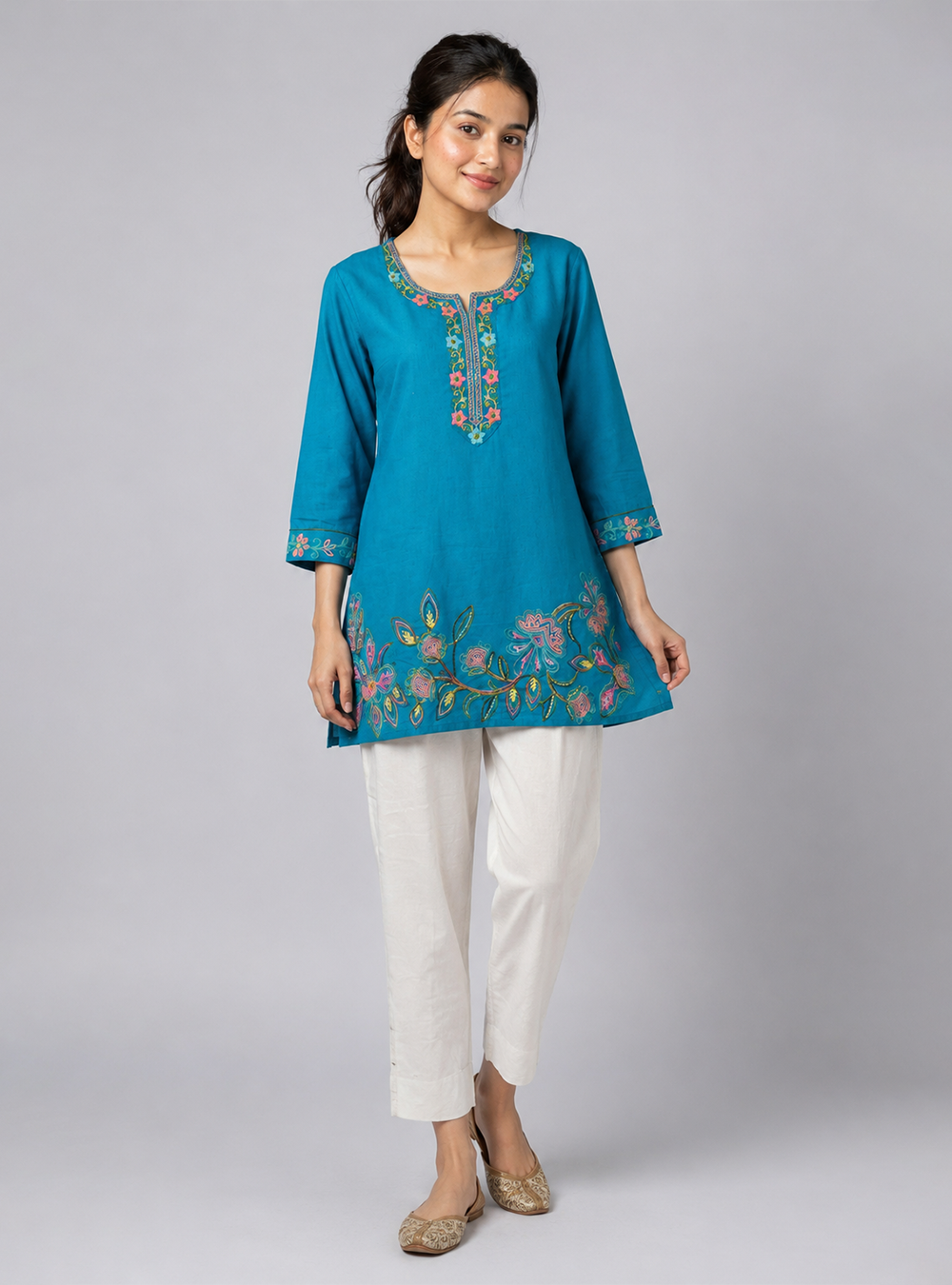 Ocean Breeze Teal Blue Printed Cotton Straight Kurti