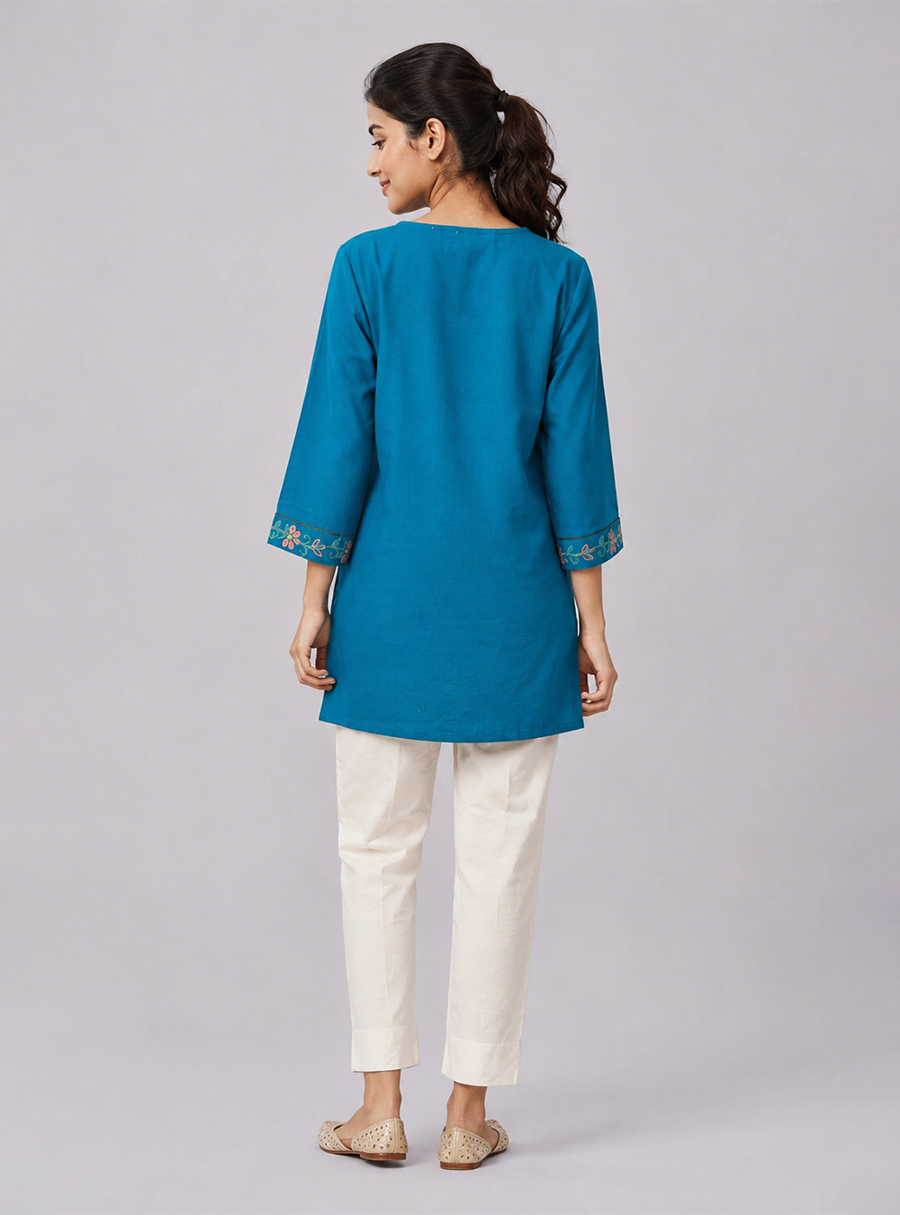 Ocean Breeze Teal Blue Printed Cotton Straight Kurti