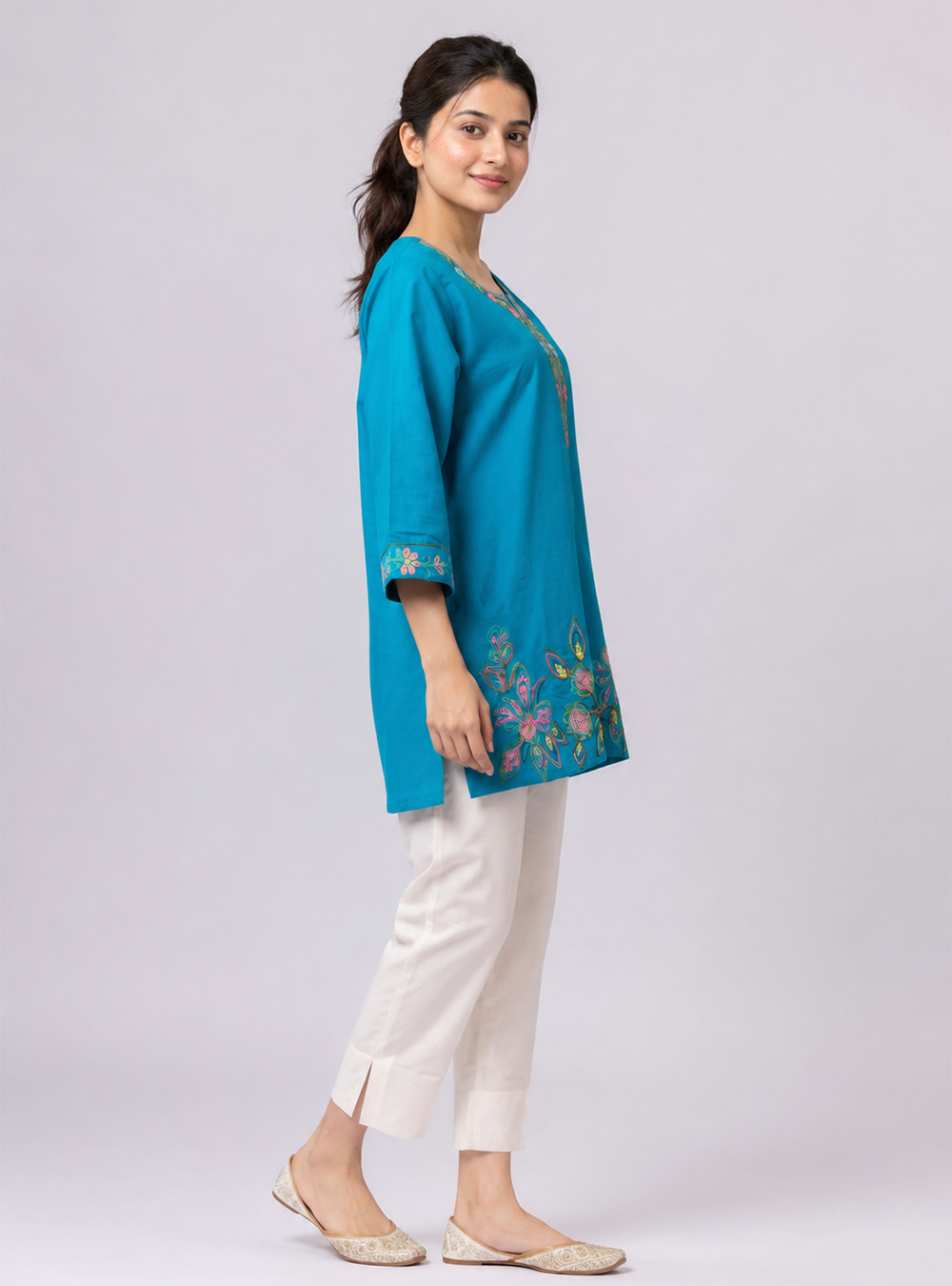 Ocean Breeze Teal Blue Printed Cotton Straight Kurti