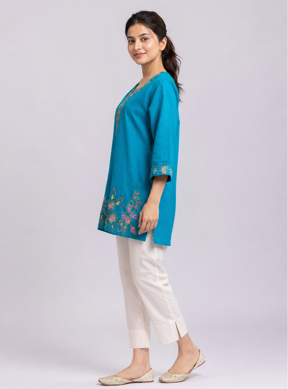 Ocean Breeze Teal Blue Printed Cotton Straight Kurti