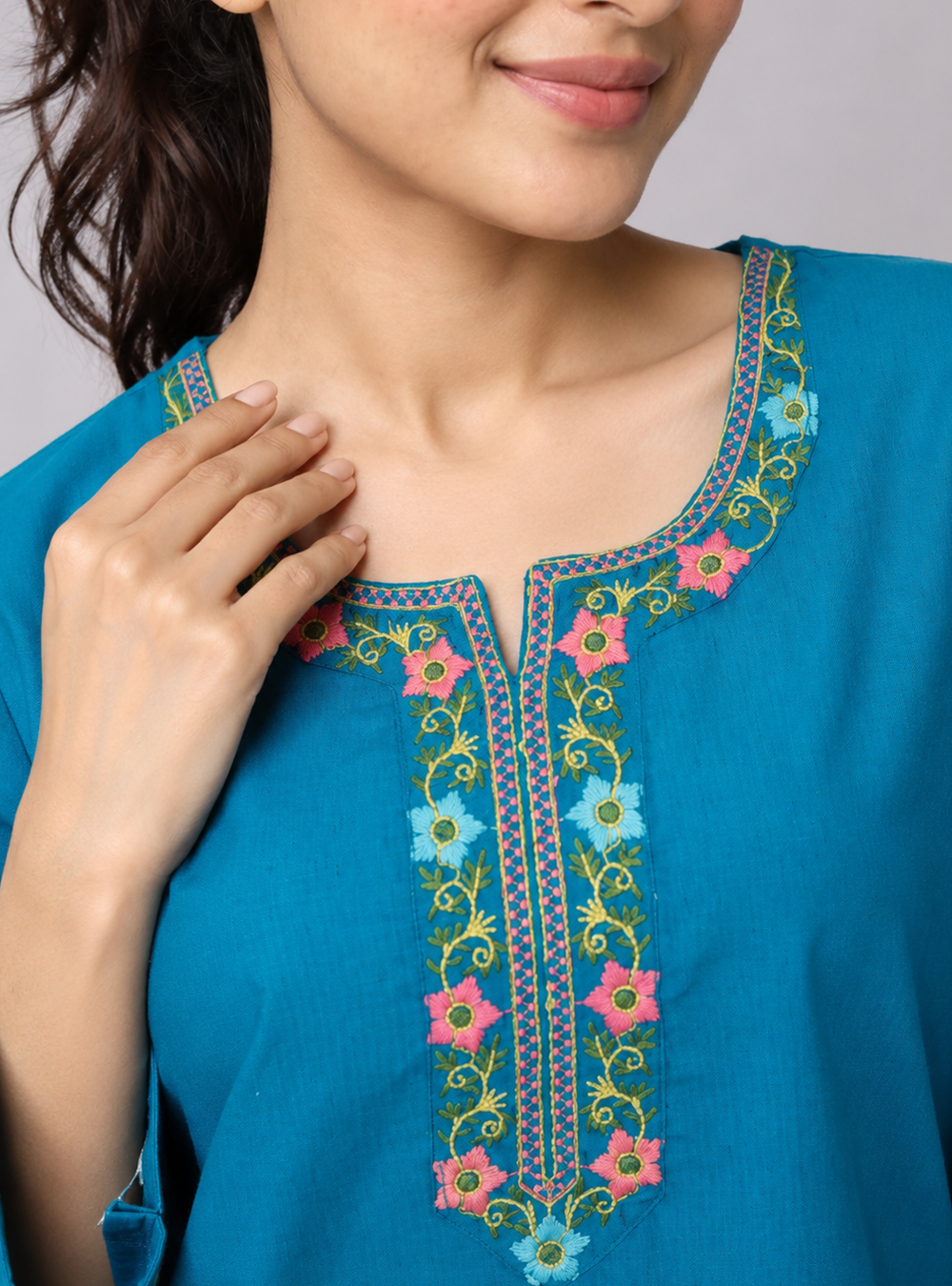Ocean Breeze Teal Blue Printed Cotton Straight Kurti