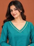 Verdant Gleam Green Silk Blend Straight Suit Set with Golden Lace Dupatta