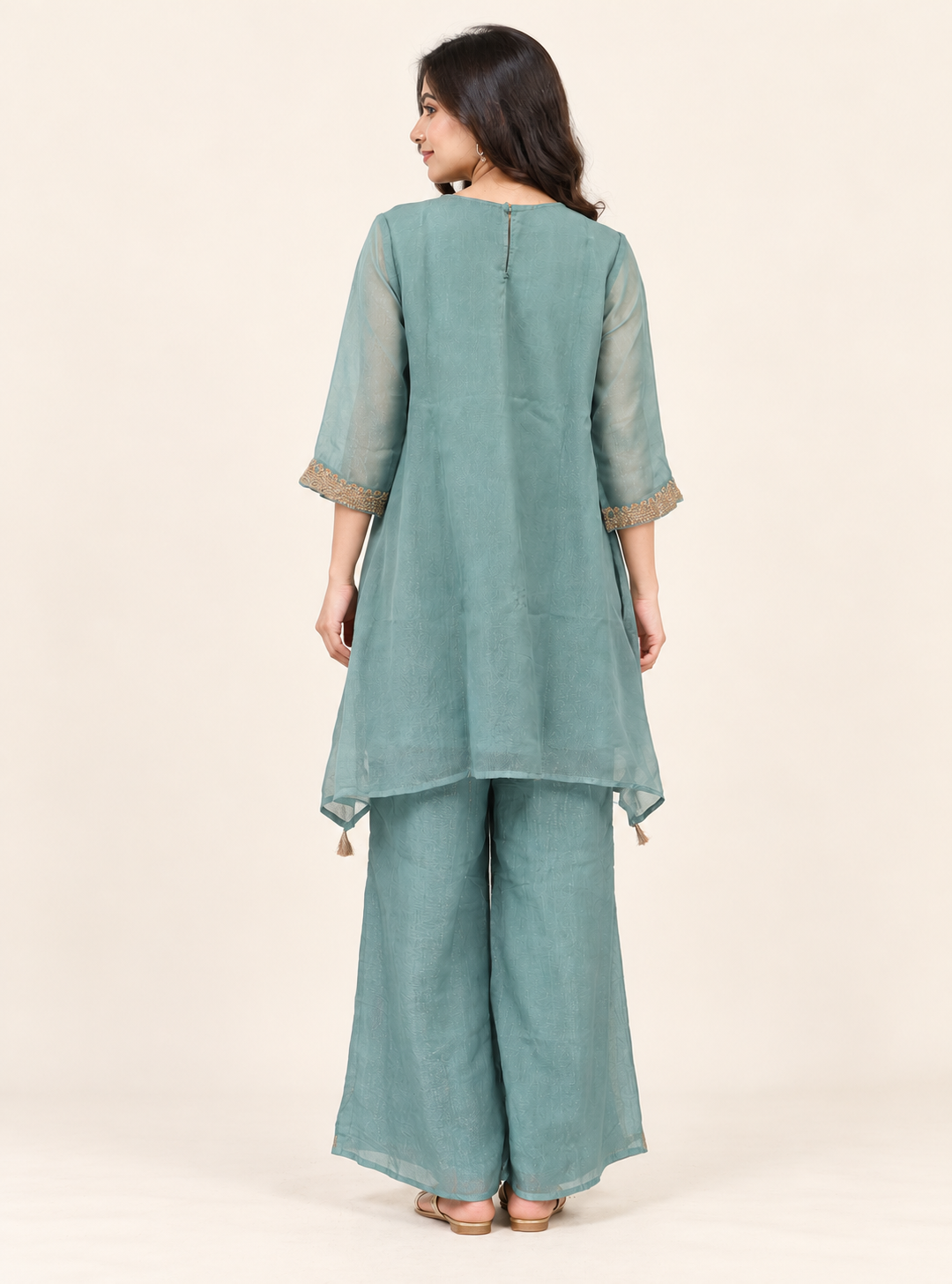 Seafoam Gleam Sea Green Soft Tissue Zari Work A Line Suit Set with Plazo