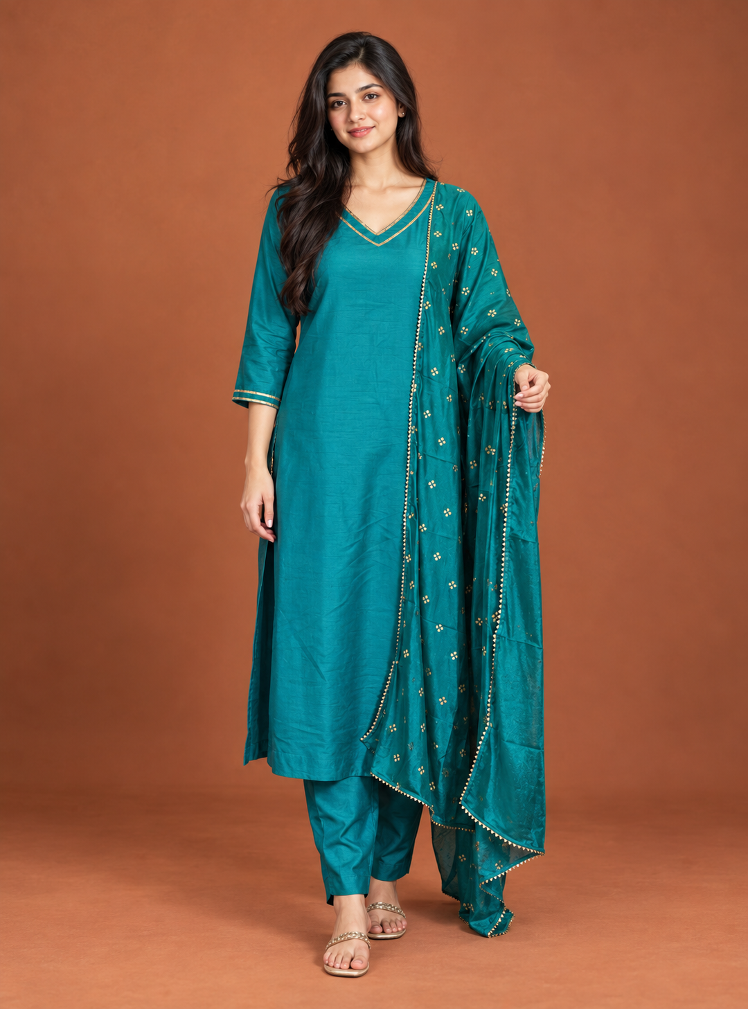 Verdant Gleam Green Silk Blend Straight Suit Set with Golden Lace Dupatta