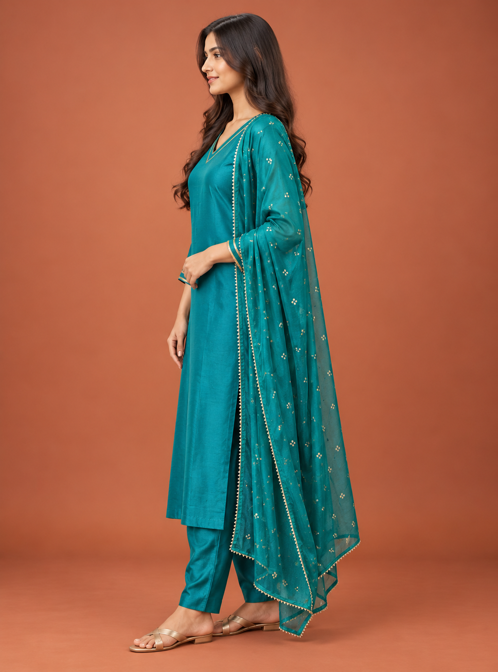 Verdant Gleam Green Silk Blend Straight Suit Set with Golden Lace Dupatta