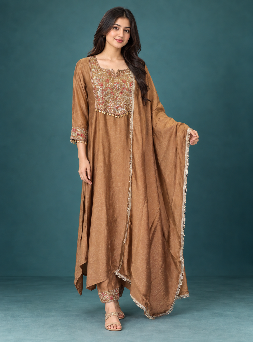 Copper Bloom Rust Silk Blend Sequin Threadwork Anarkali Suit Set with Dupatta