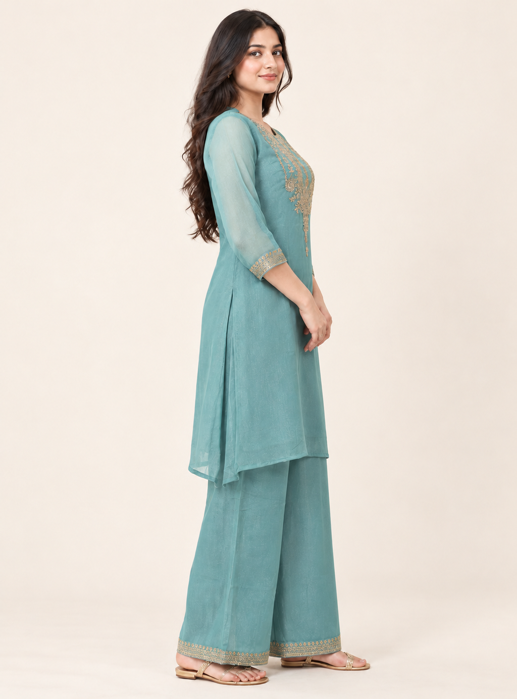 Seafoam Gleam Sea Green Soft Tissue Zari Work A Line Suit Set with Plazo